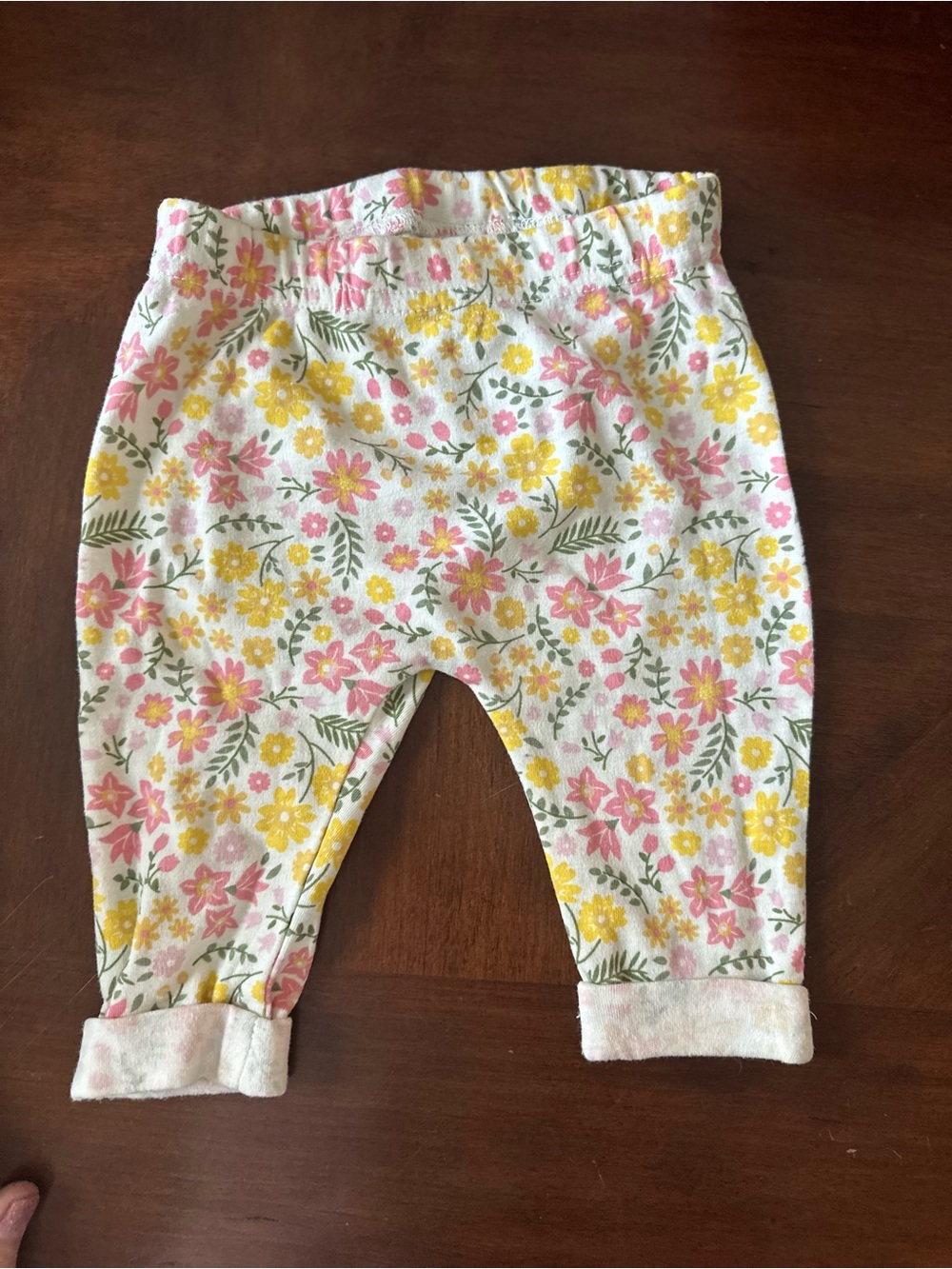 Kids Floral Pull-On Bottoms in White with Pink & Yellow Flowers